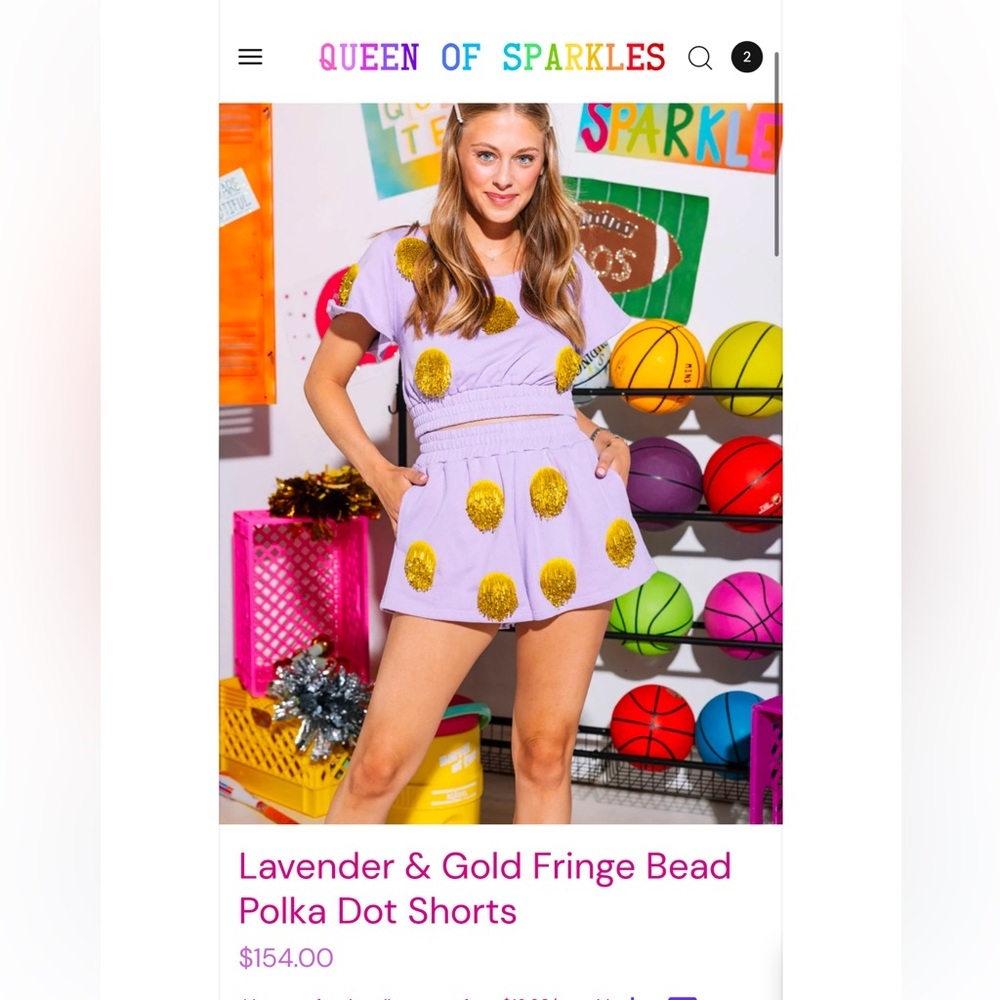QUEEN OF SPARKLES Lavender & Gold Fringe Bead Polka Dot Shorts